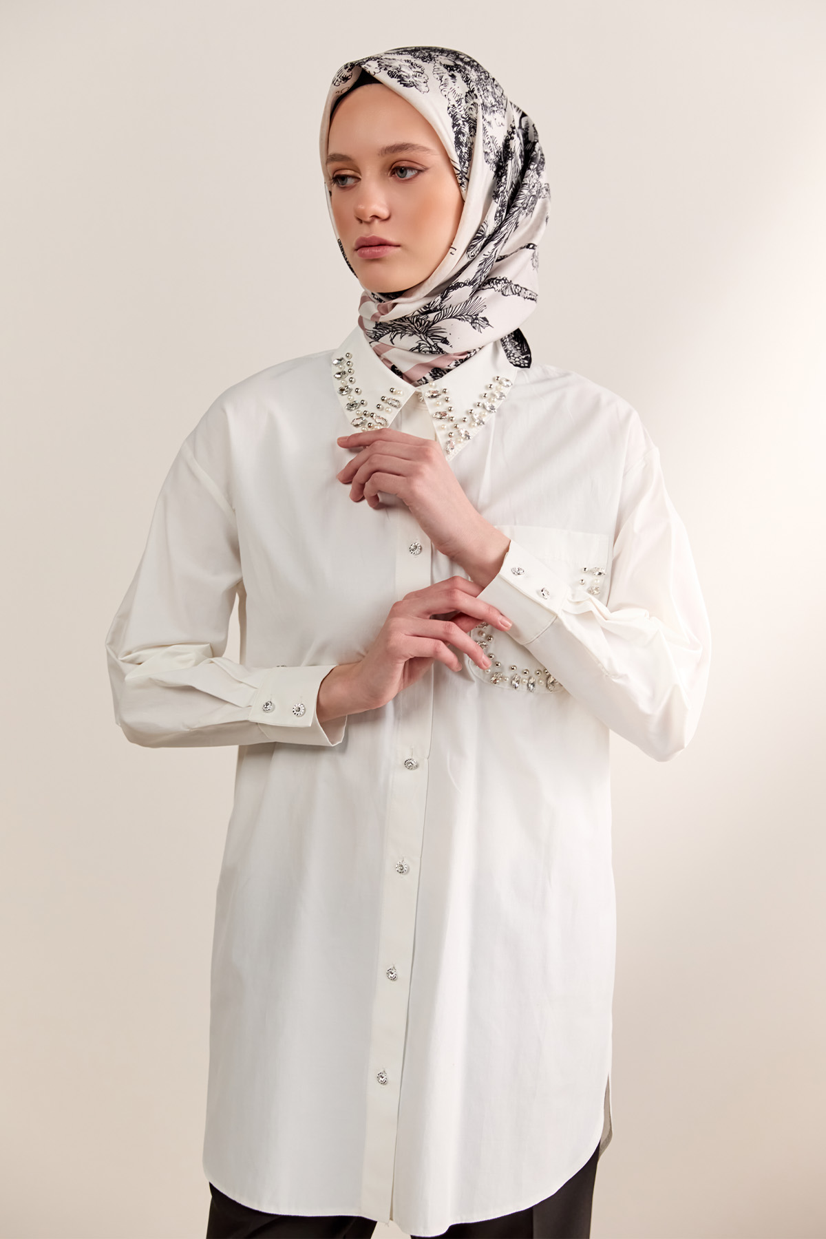 Taş Detaylı Oversize Pamuklu Tunik, Tesettür Giyim