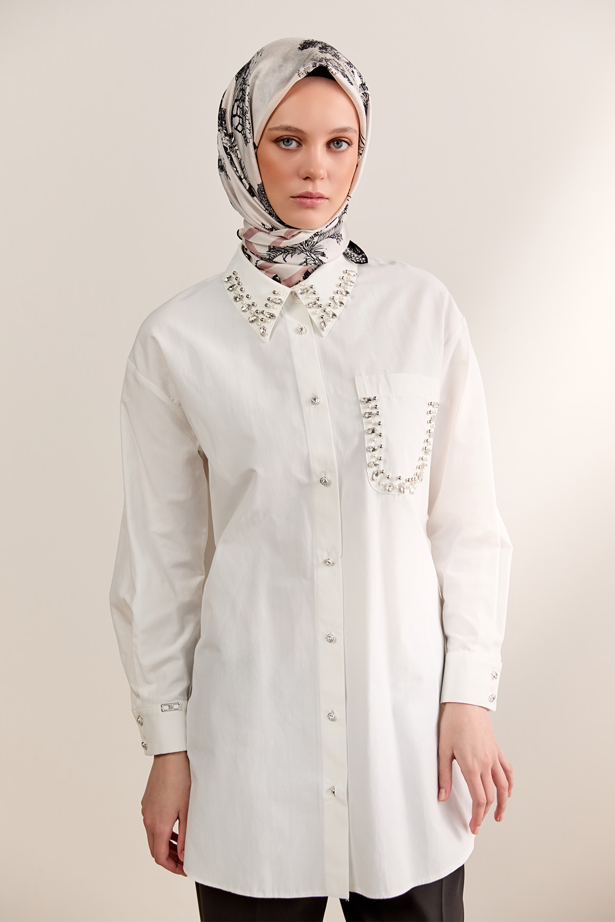 Taş Detaylı Oversize Pamuklu Tunik, Tesettür Giyim