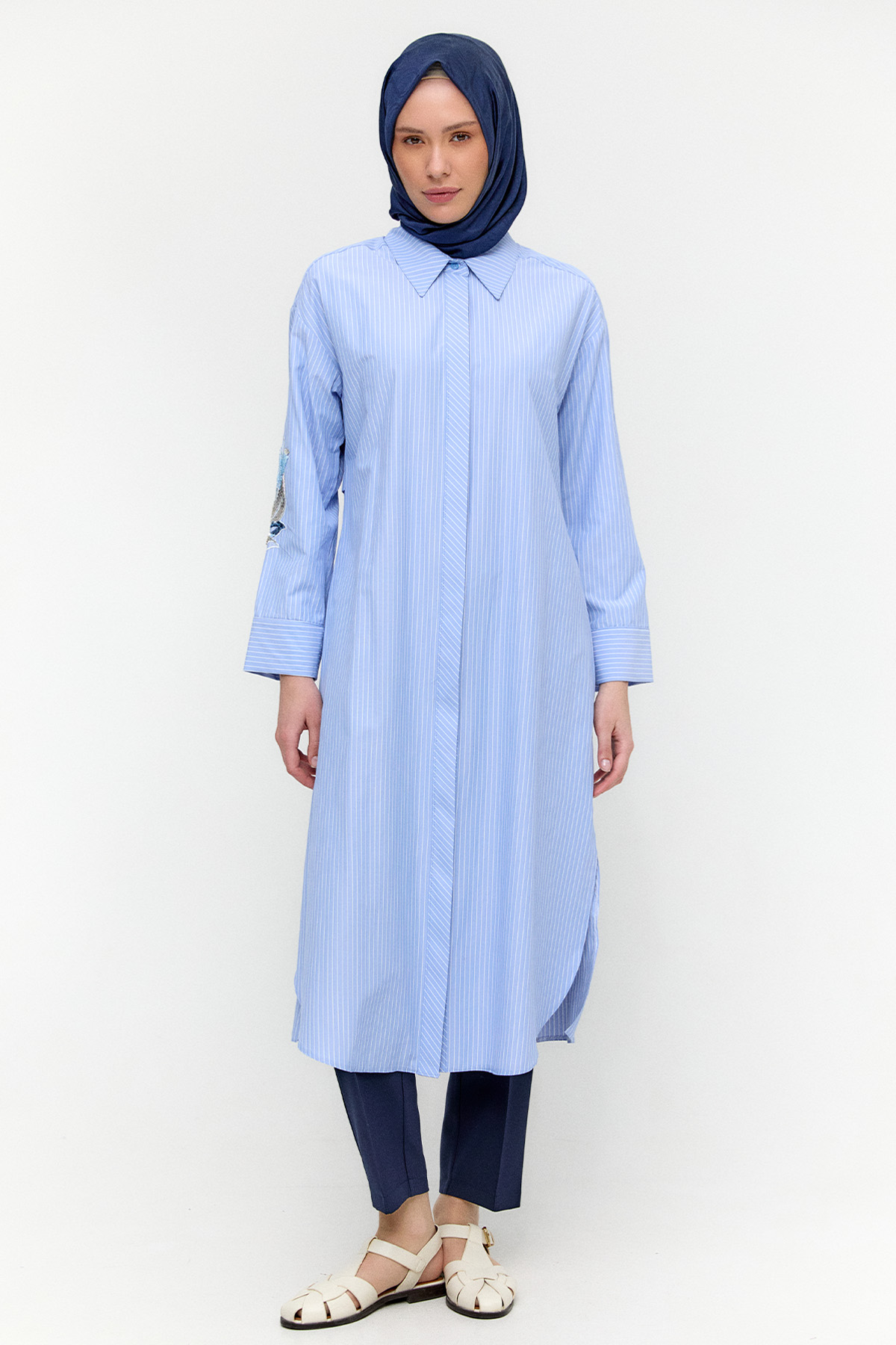 Boncuk Nakışlı Pamuklu Uzun Tunik, Tesettür Giyim