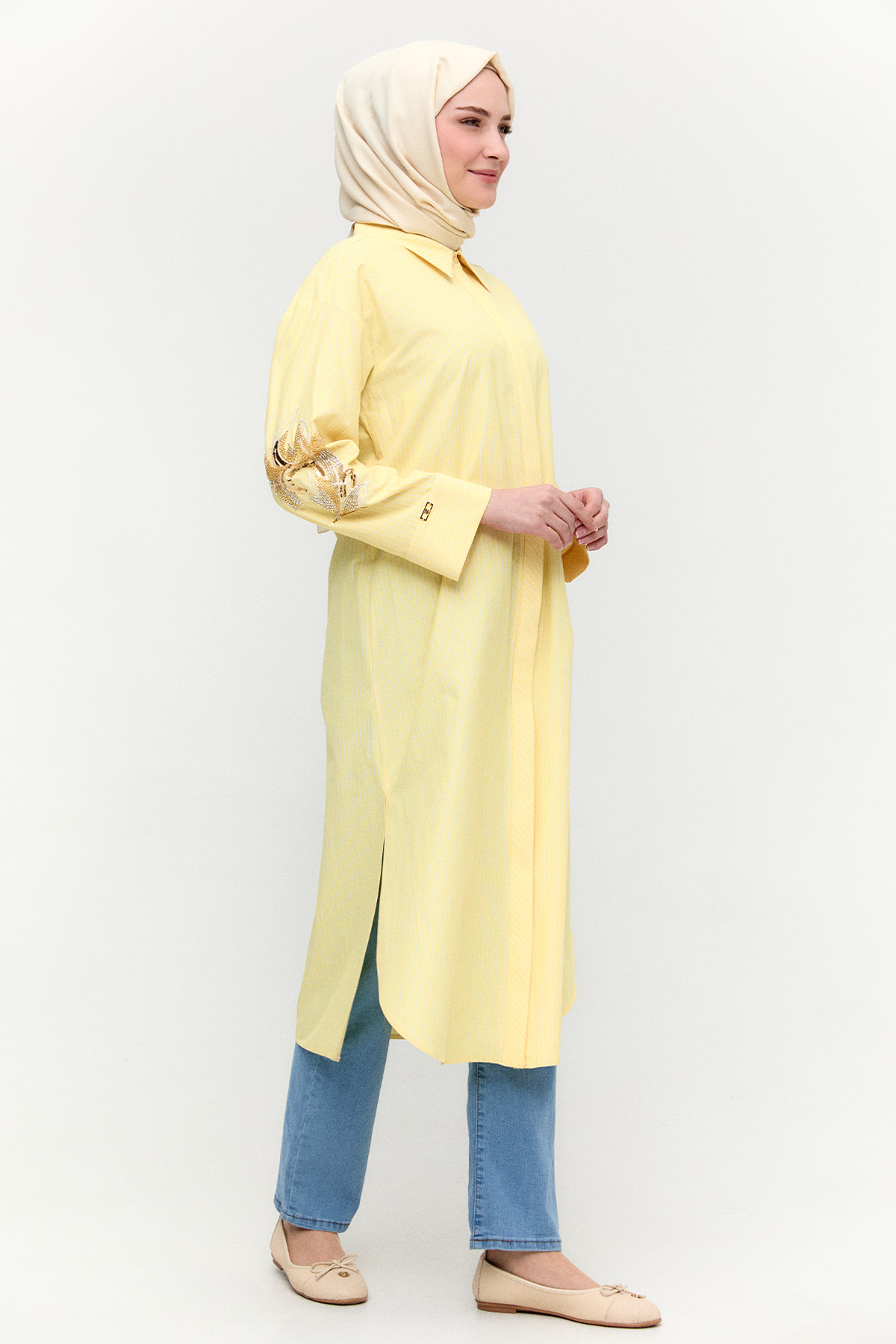 Boncuk Nakışlı Pamuklu Uzun Tunik, Tesettür Giyim