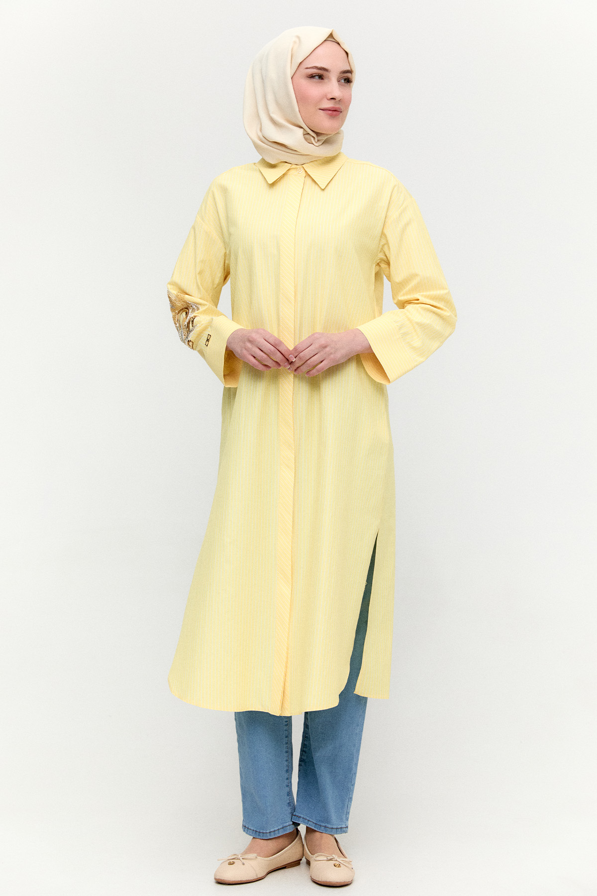 Boncuk Nakışlı Pamuklu Uzun Tunik, Tesettür Giyim