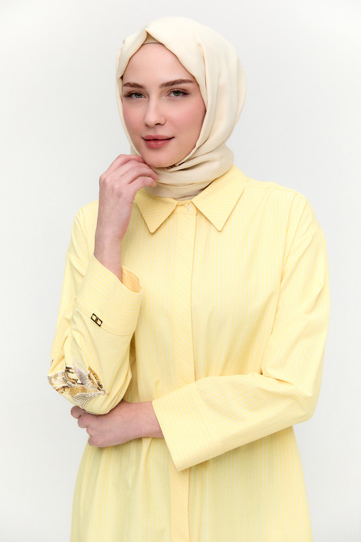 Boncuk Nakışlı Pamuklu Uzun Tunik, Tesettür Giyim