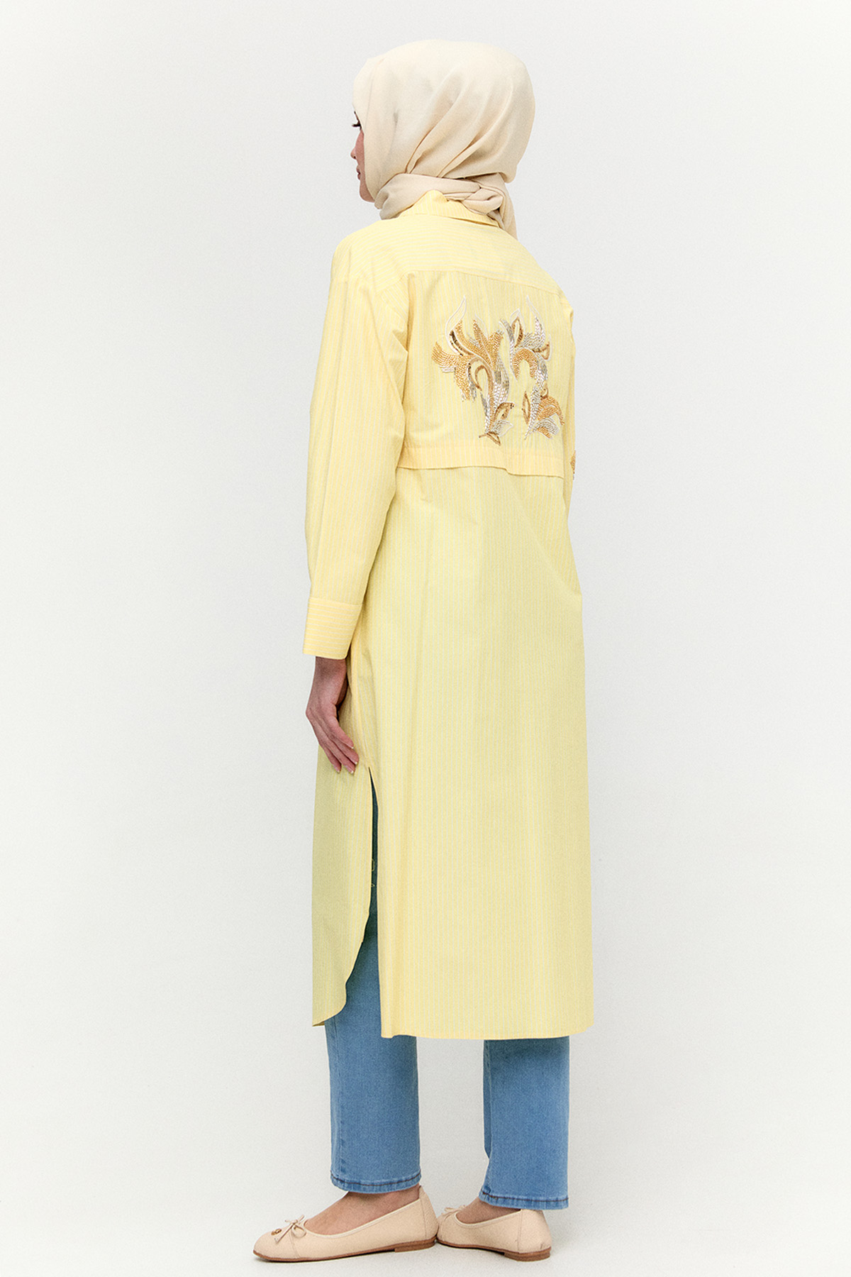 Boncuk Nakışlı Pamuklu Uzun Tunik, Tesettür Giyim