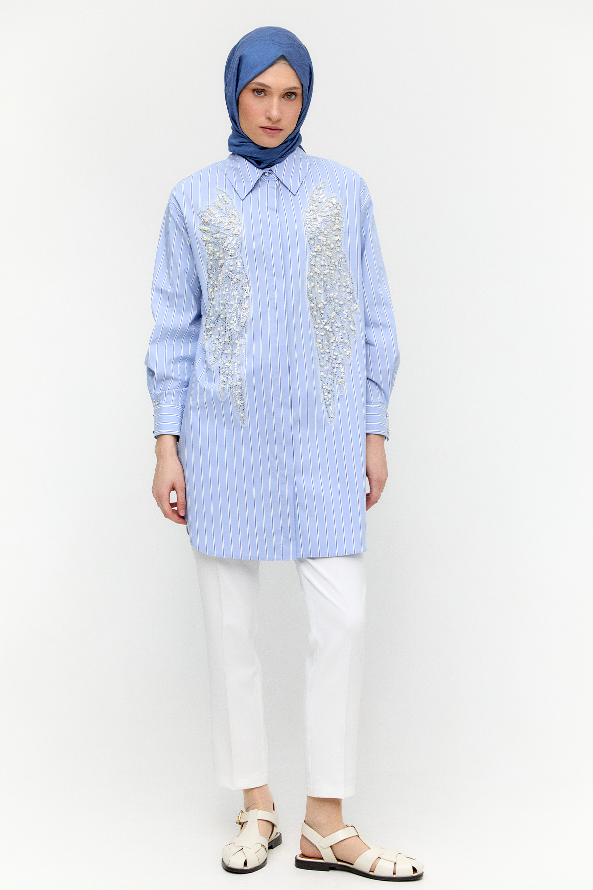 Çizgili İşlemeli Pamuk Tunik, Tesettür Giyim