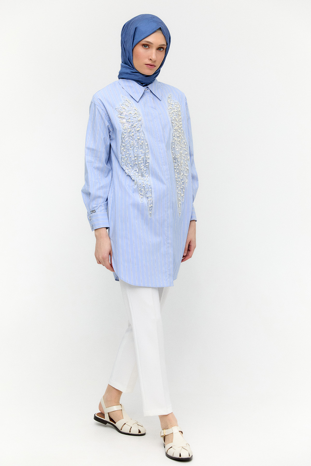 Çizgili İşlemeli Pamuk Tunik, Tesettür Giyim