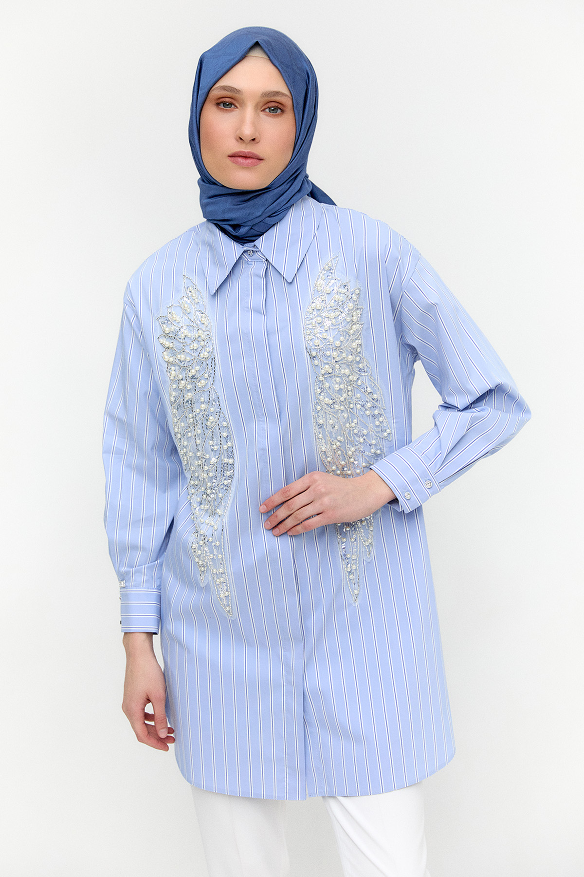 Çizgili İşlemeli Pamuk Tunik, Tesettür Giyim