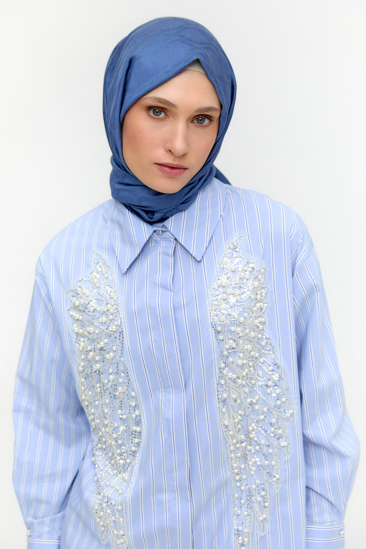 Çizgili İşlemeli Pamuk Tunik, Tesettür Giyim