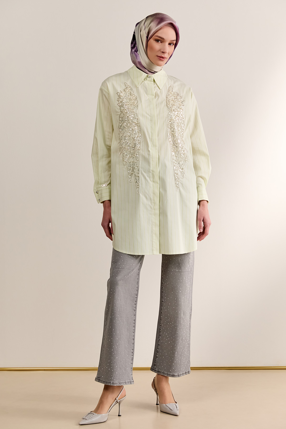 Çizgili İşlemeli Pamuk Tunik, Tesettür Giyim