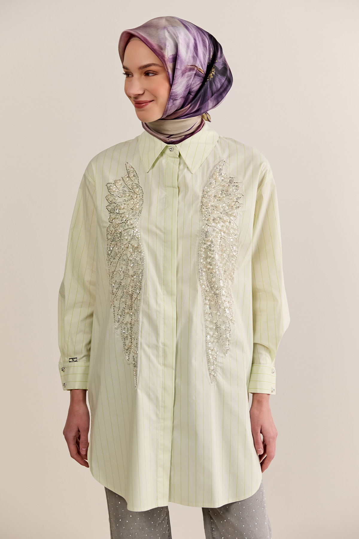 Çizgili İşlemeli Pamuk Tunik, Tesettür Giyim