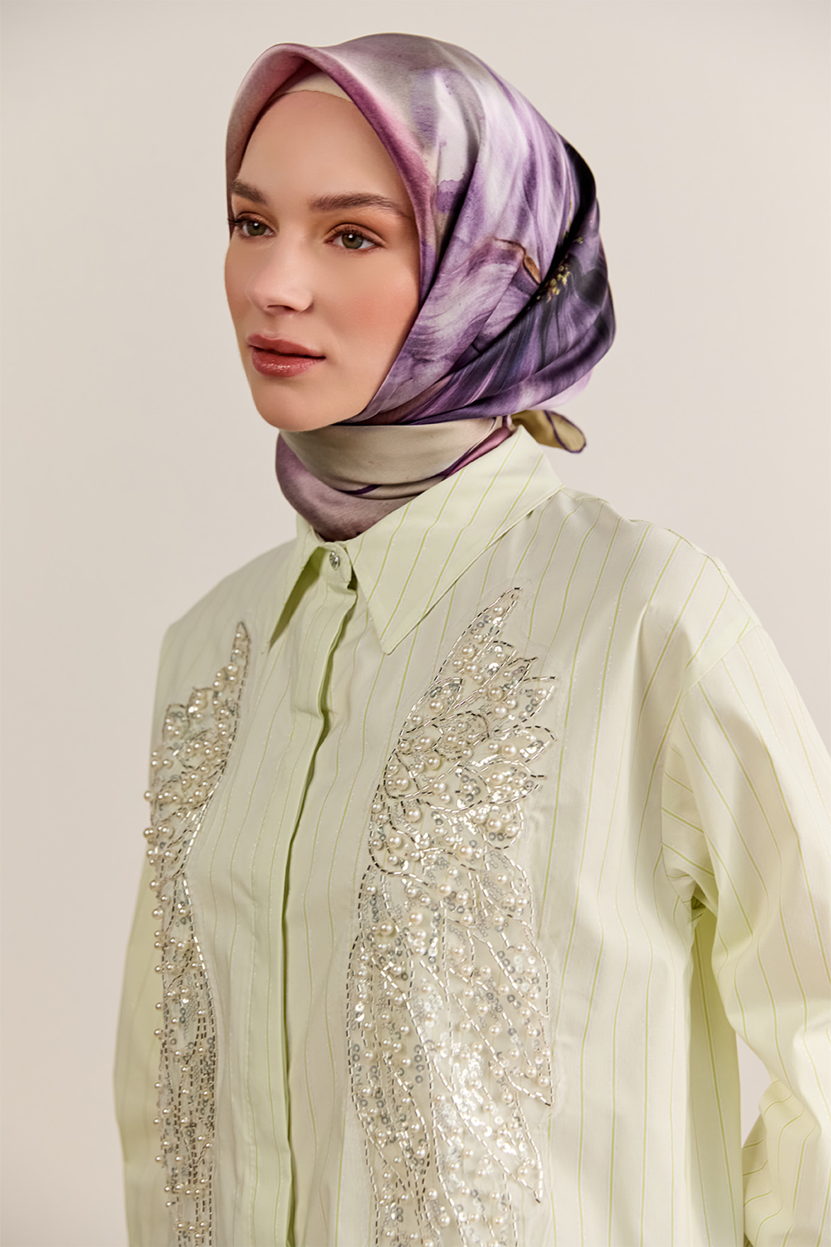 Çizgili İşlemeli Pamuk Tunik, Tesettür Giyim