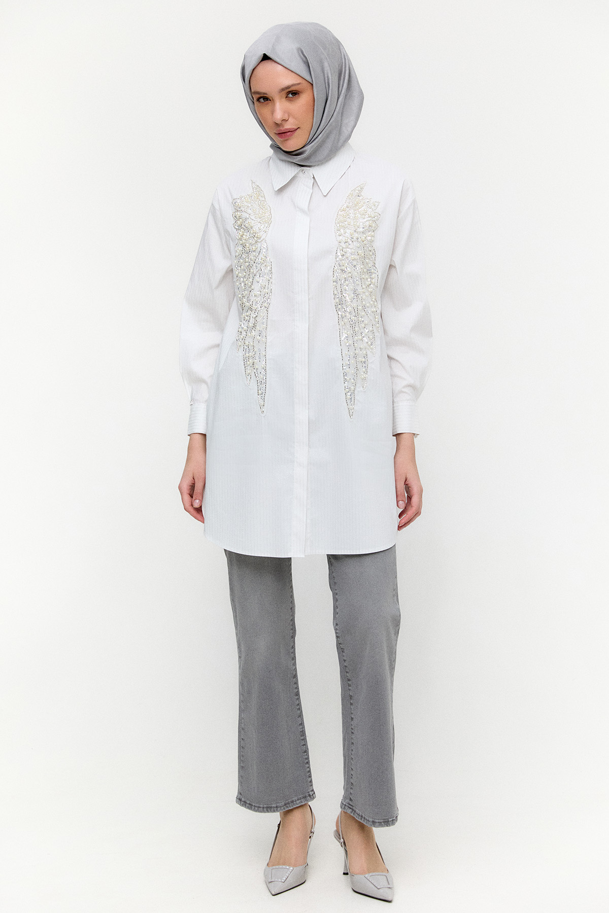 Çizgili İşlemeli Pamuk Tunik, Tesettür Giyim