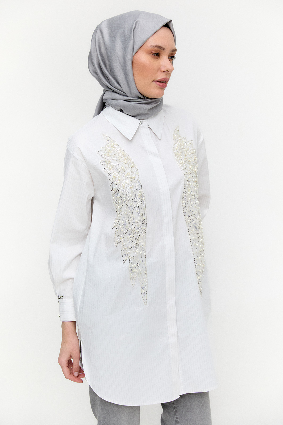 Çizgili İşlemeli Pamuk Tunik, Tesettür Giyim