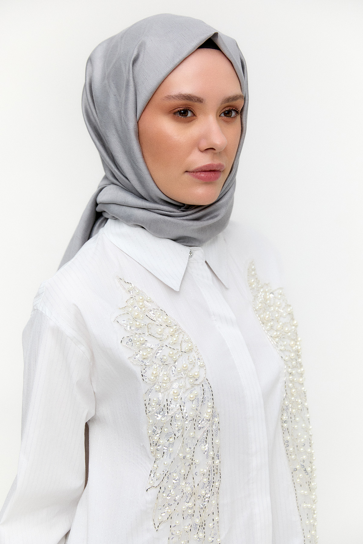 Çizgili İşlemeli Pamuk Tunik, Tesettür Giyim