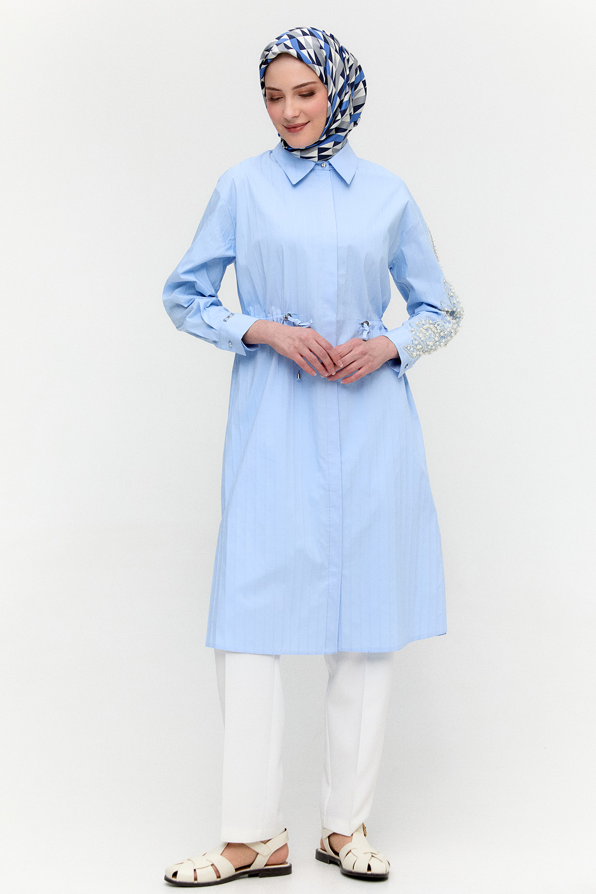 Metalik Çizgili Pamuklu Uzun Tunik, Tesettür Giyim