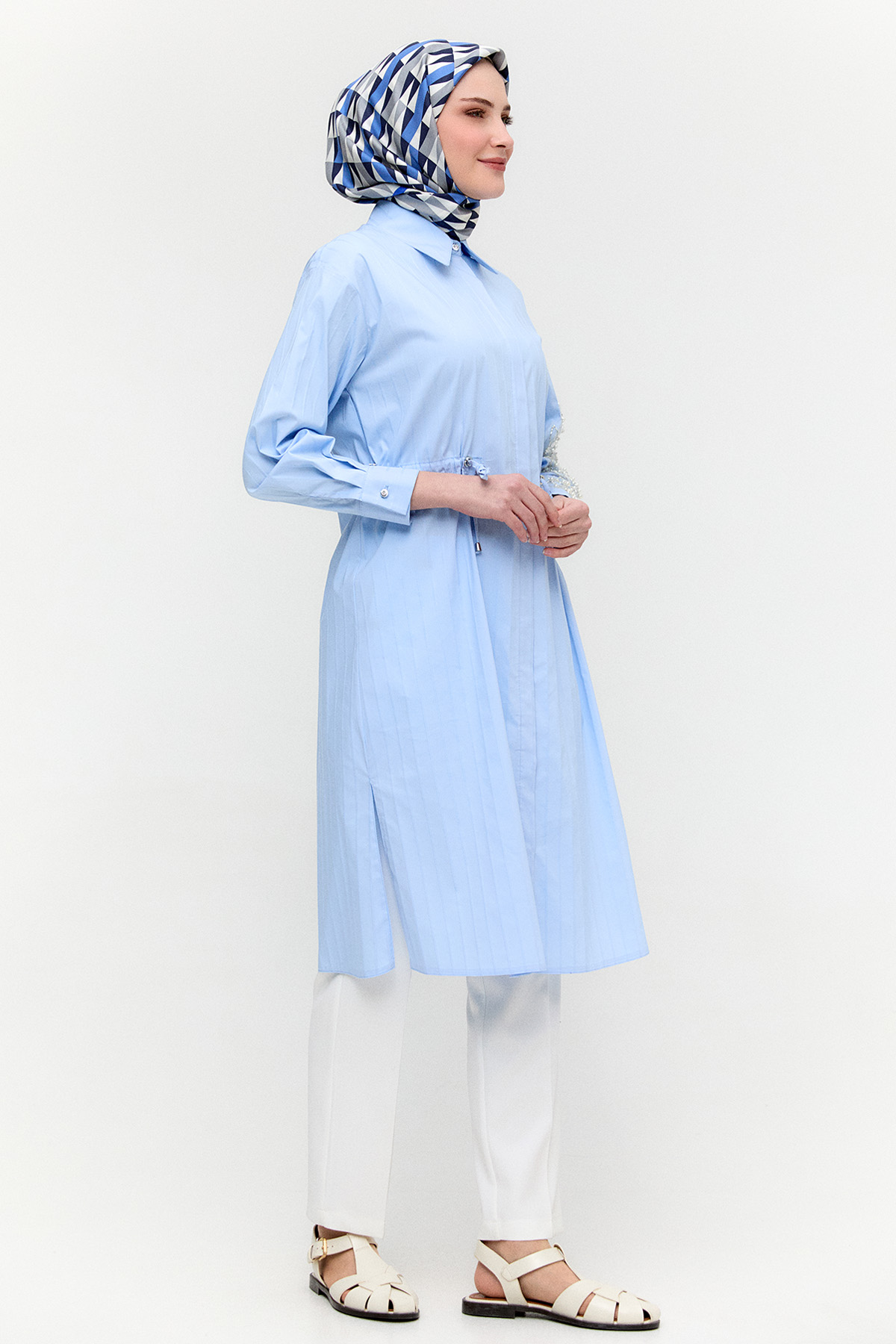 Metalik Çizgili Pamuklu Uzun Tunik, Tesettür Giyim