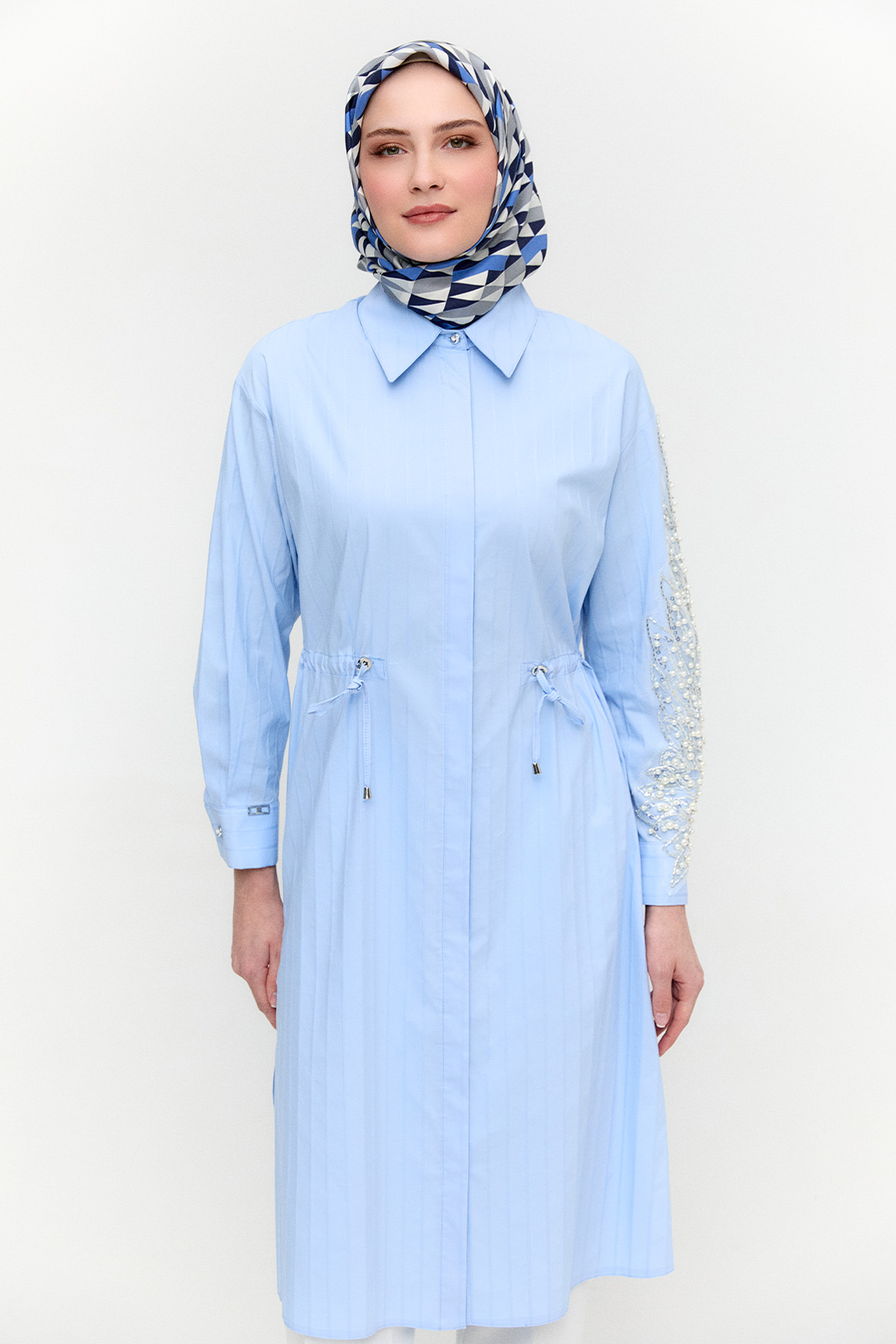 Metalik Çizgili Pamuklu Uzun Tunik, Tesettür Giyim