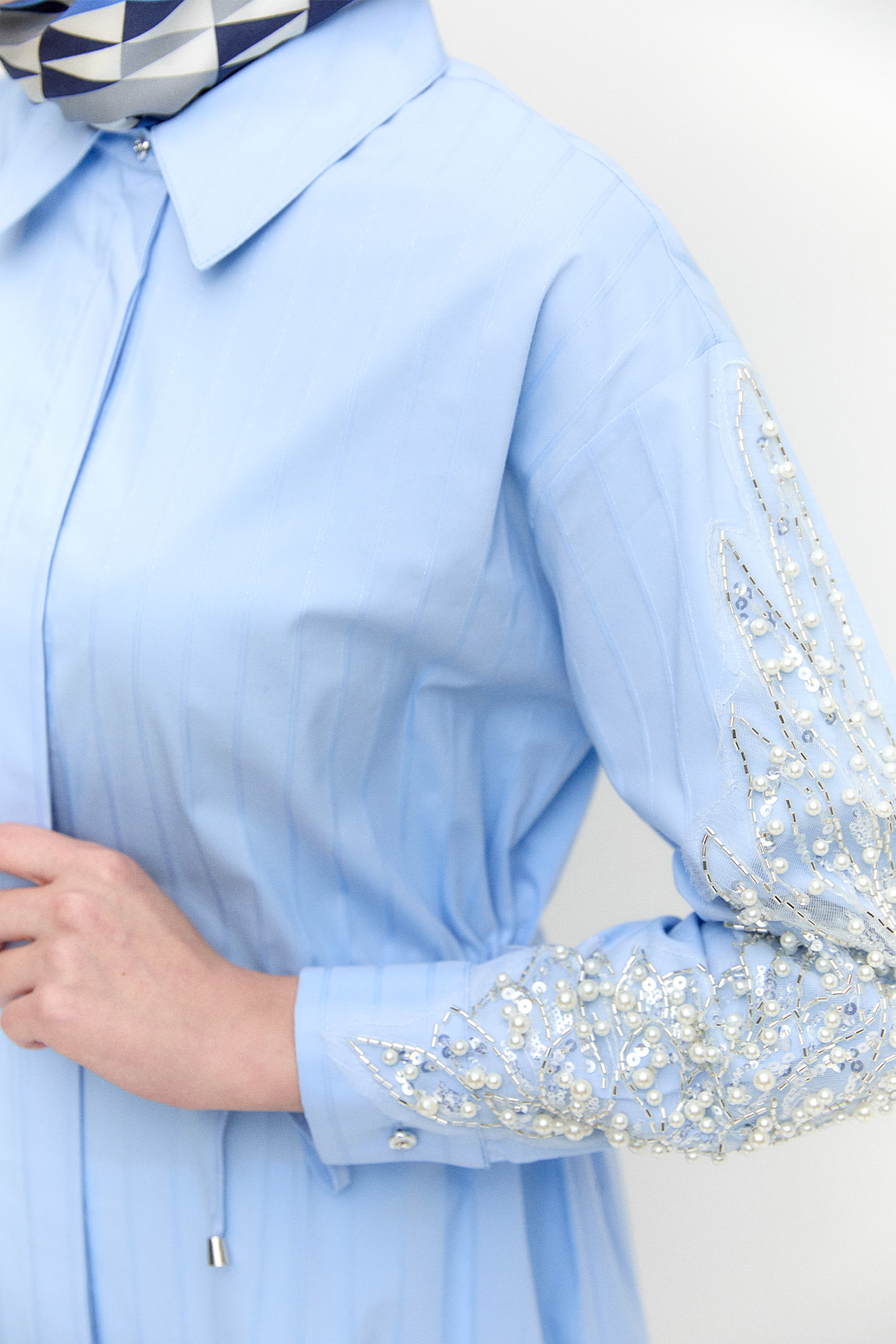 Metalik Çizgili Pamuklu Uzun Tunik, Tesettür Giyim