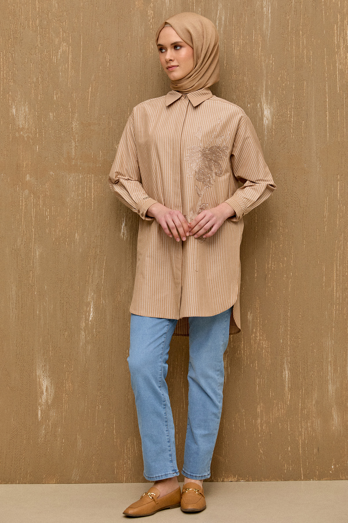 Payetli Nakışlı Çizgili Tunik, Tesettür Giyim