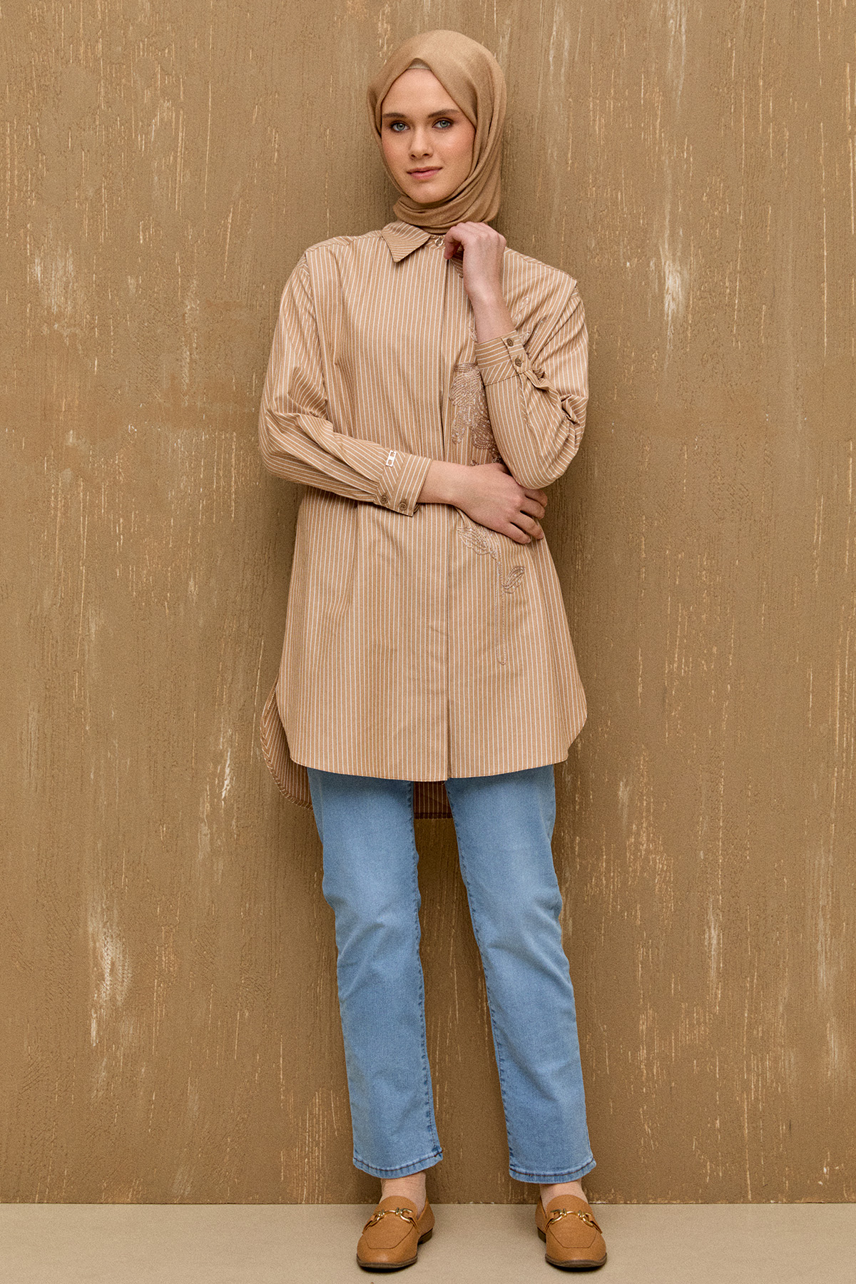 Payetli Nakışlı Çizgili Tunik, Tesettür Giyim