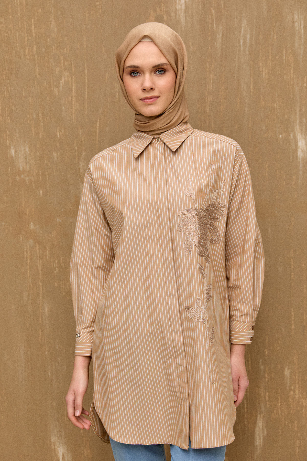 Payetli Nakışlı Çizgili Tunik, Tesettür Giyim