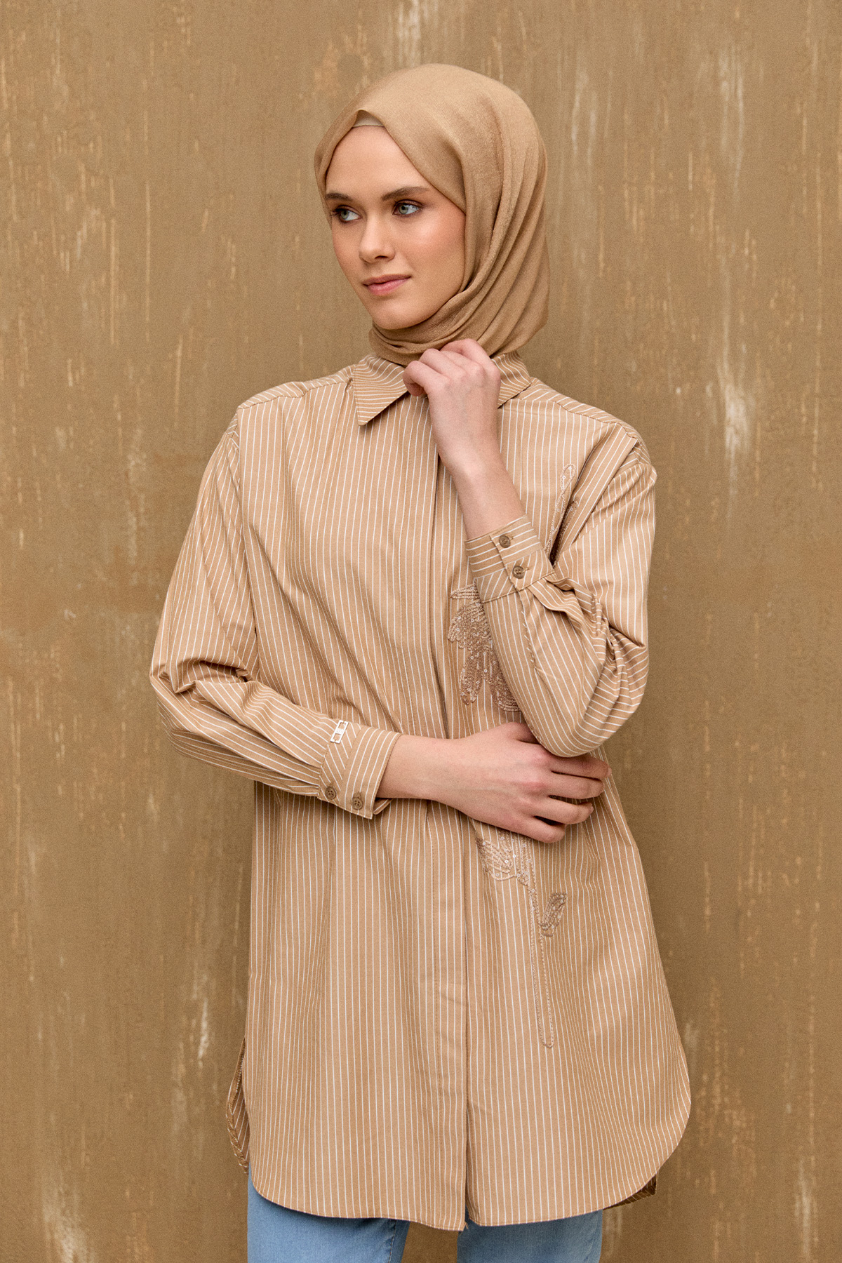 Payetli Nakışlı Çizgili Tunik, Tesettür Giyim
