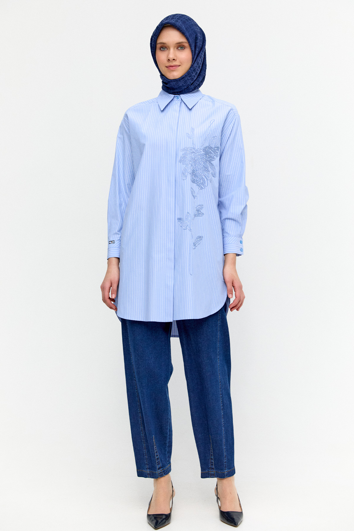 Payetli Nakışlı Çizgili Tunik, Tesettür Giyim