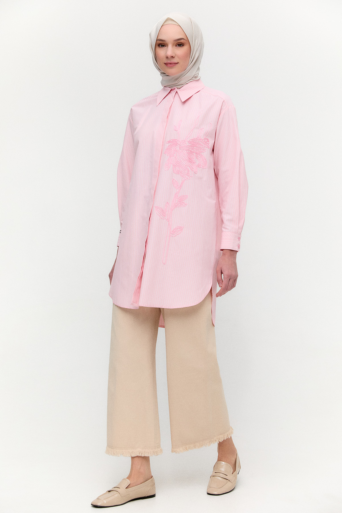 Payetli Nakışlı Çizgili Tunik, Tesettür Giyim