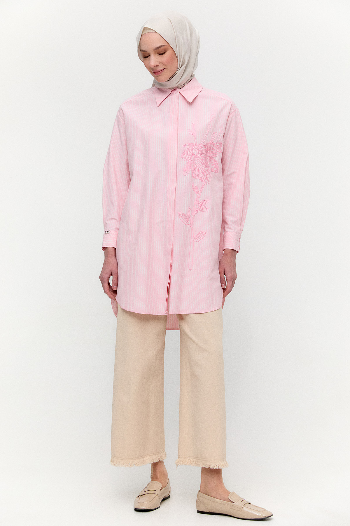 Payetli Nakışlı Çizgili Tunik, Tesettür Giyim