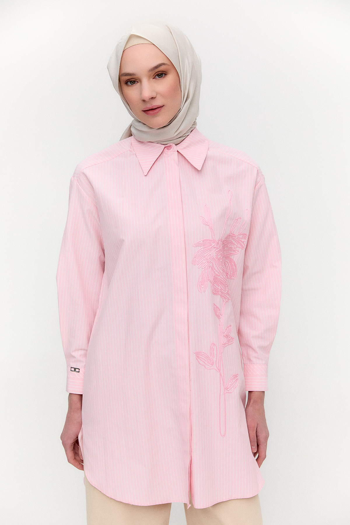 Payetli Nakışlı Çizgili Tunik, Tesettür Giyim