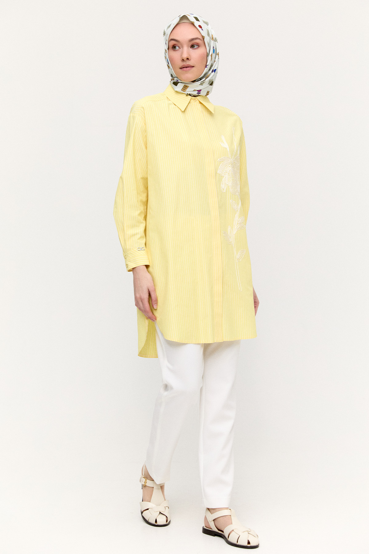 Payetli Nakışlı Çizgili Tunik, Tesettür Giyim