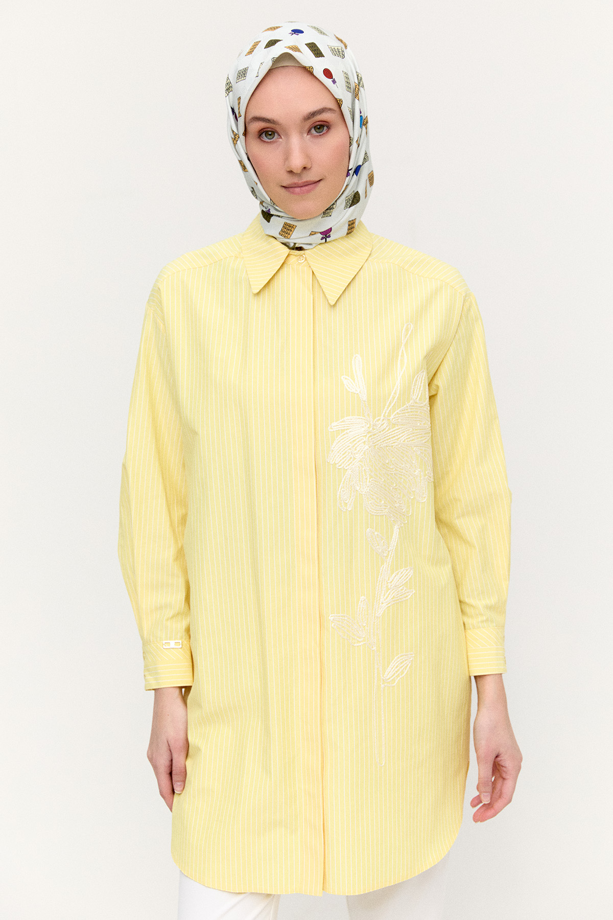 Payetli Nakışlı Çizgili Tunik, Tesettür Giyim