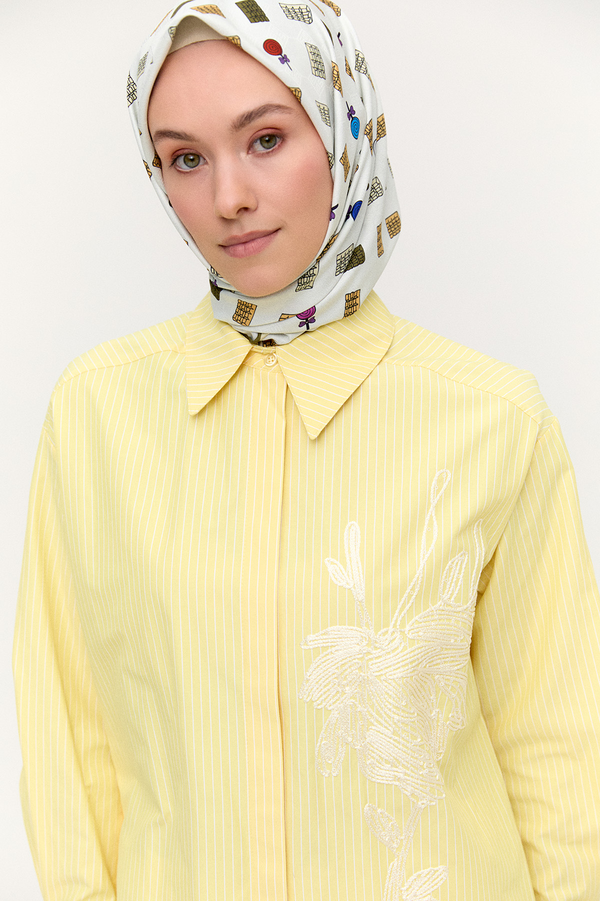 Payetli Nakışlı Çizgili Tunik, Tesettür Giyim