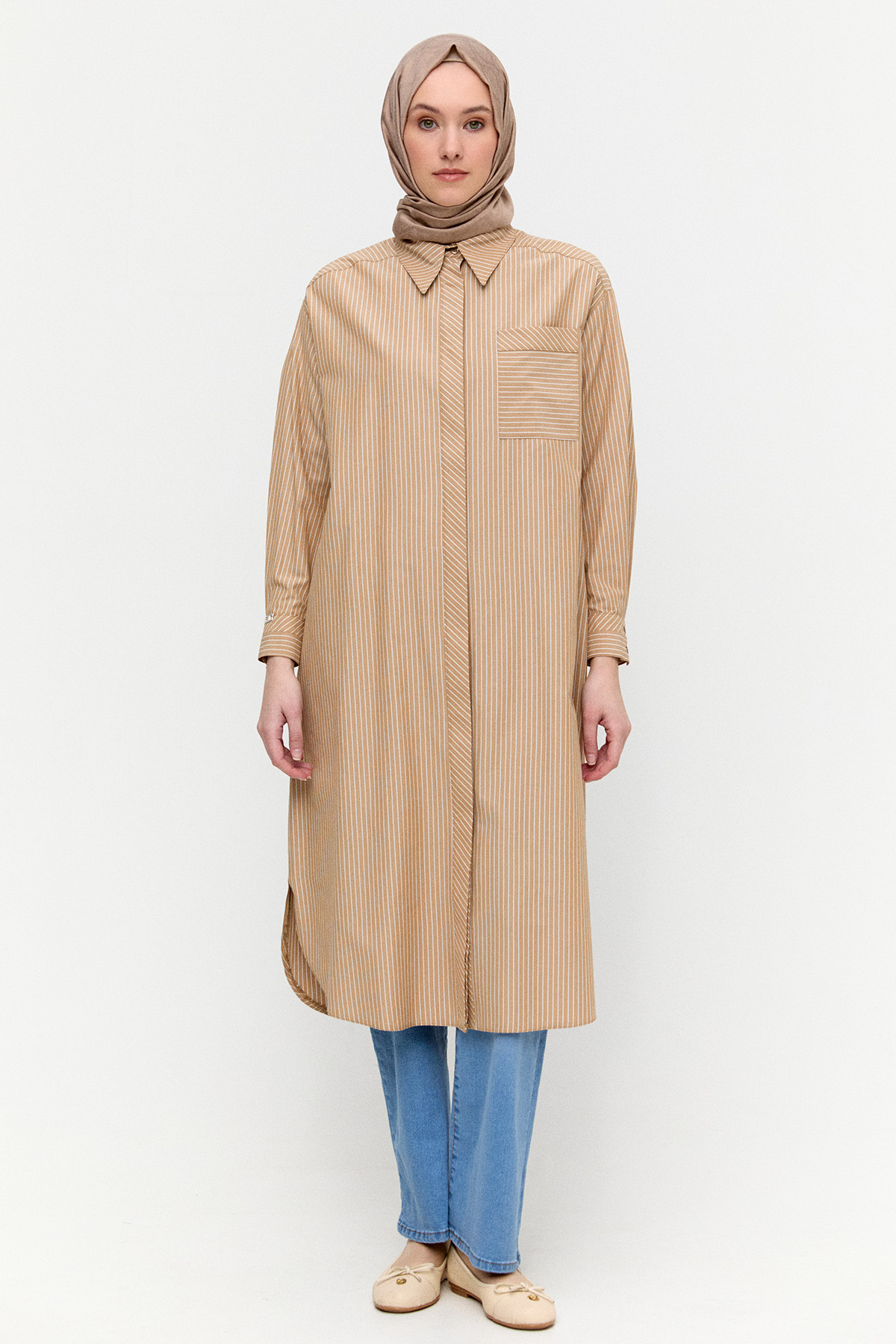Sırtı Nakışlı Çizgili Pamuk Tunik, Tesettür Giyim