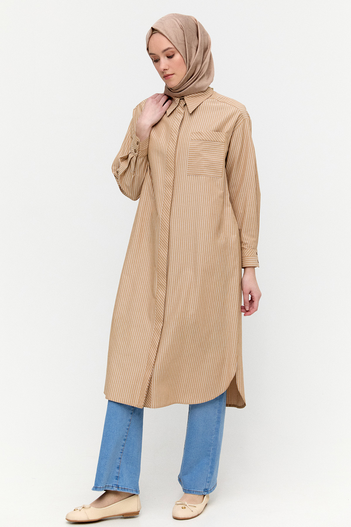 Sırtı Nakışlı Çizgili Pamuk Tunik, Tesettür Giyim