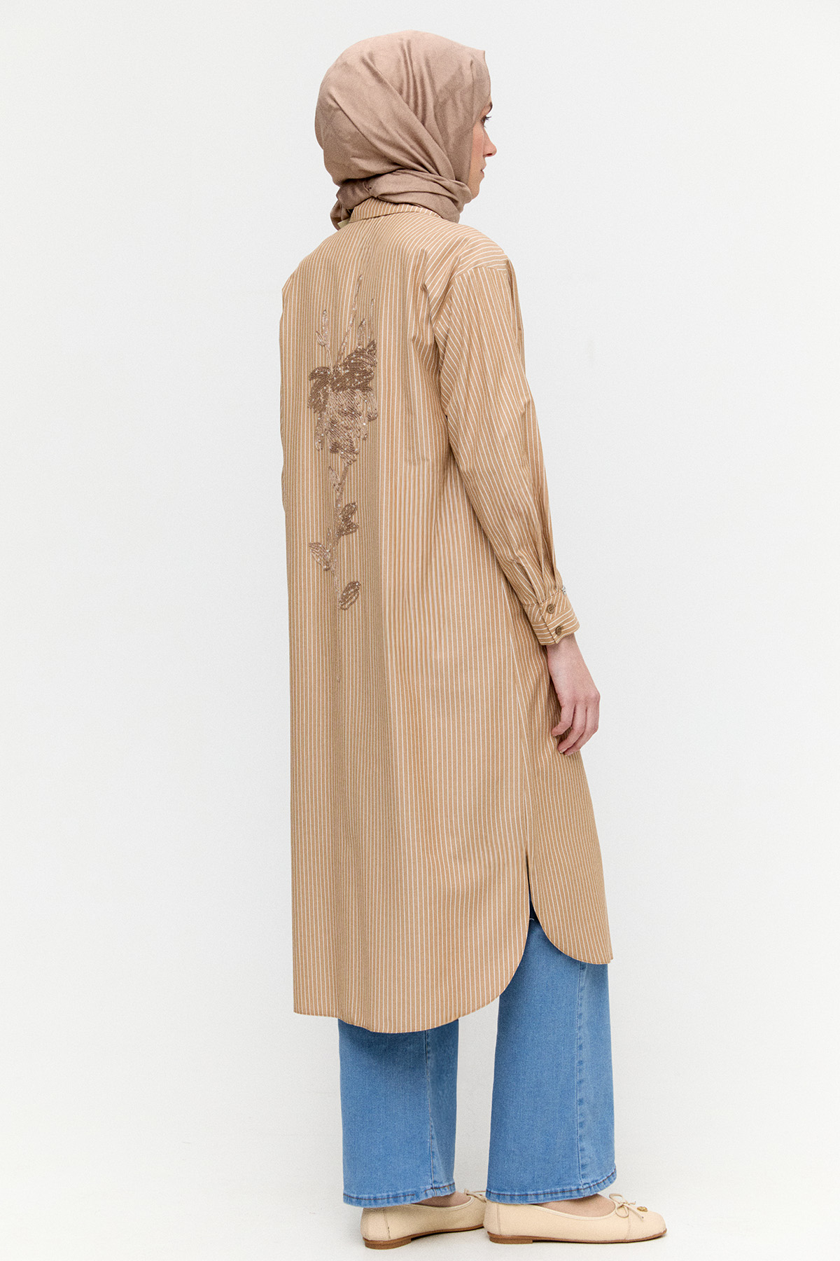 Sırtı Nakışlı Çizgili Pamuk Tunik, Tesettür Giyim