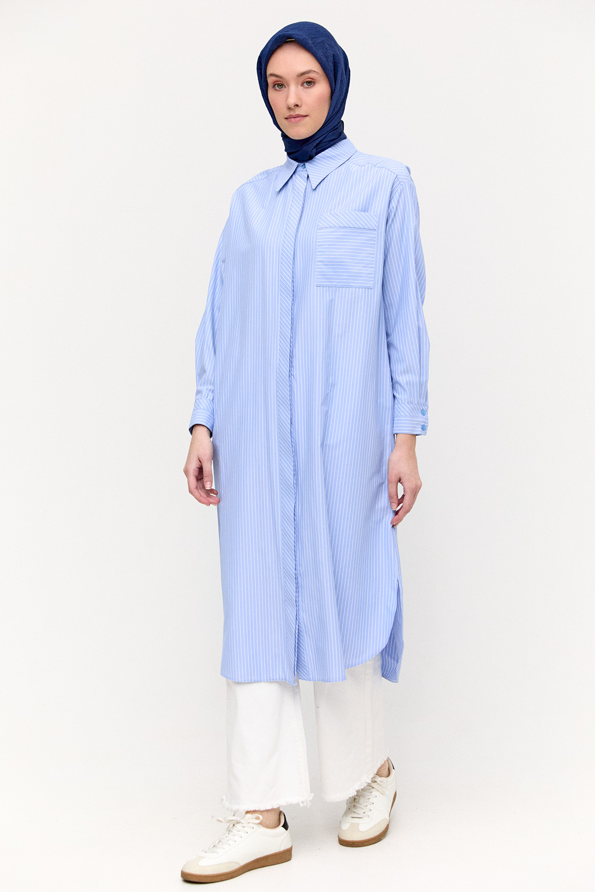 Sırtı Nakışlı Çizgili Pamuk Tunik, Tesettür Giyim