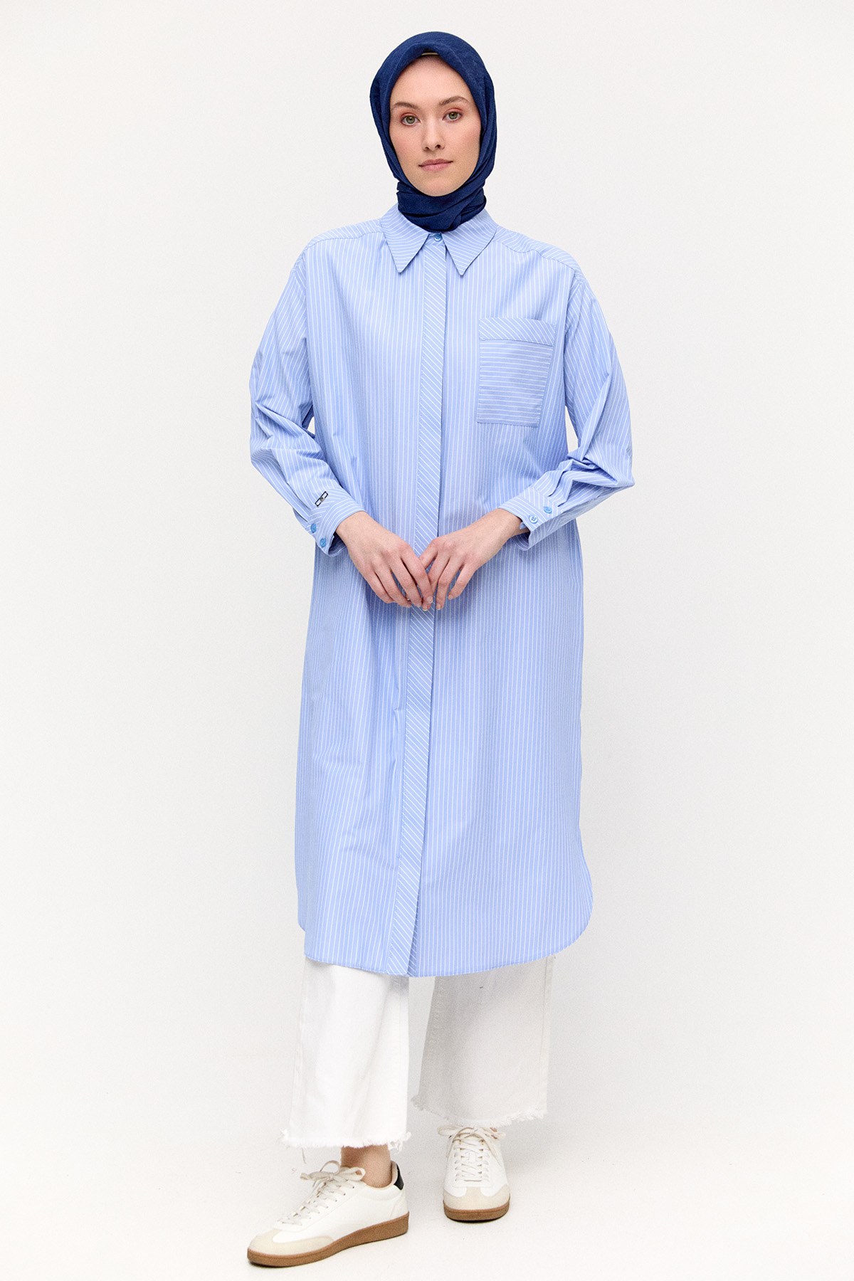 Sırtı Nakışlı Çizgili Pamuk Tunik, Tesettür Giyim