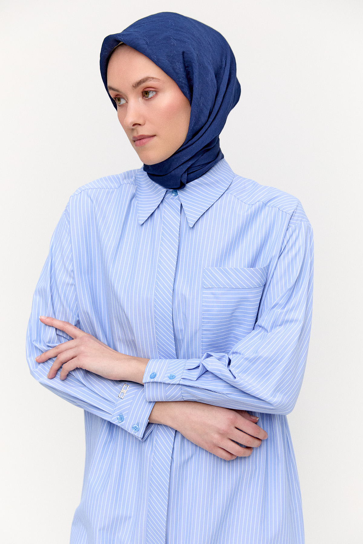 Sırtı Nakışlı Çizgili Pamuk Tunik, Tesettür Giyim