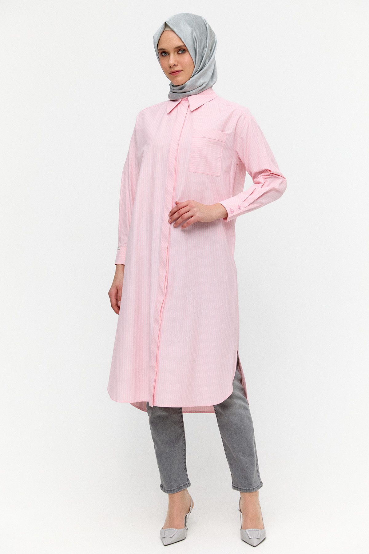 Sırtı Nakışlı Çizgili Pamuk Tunik, Tesettür Giyim