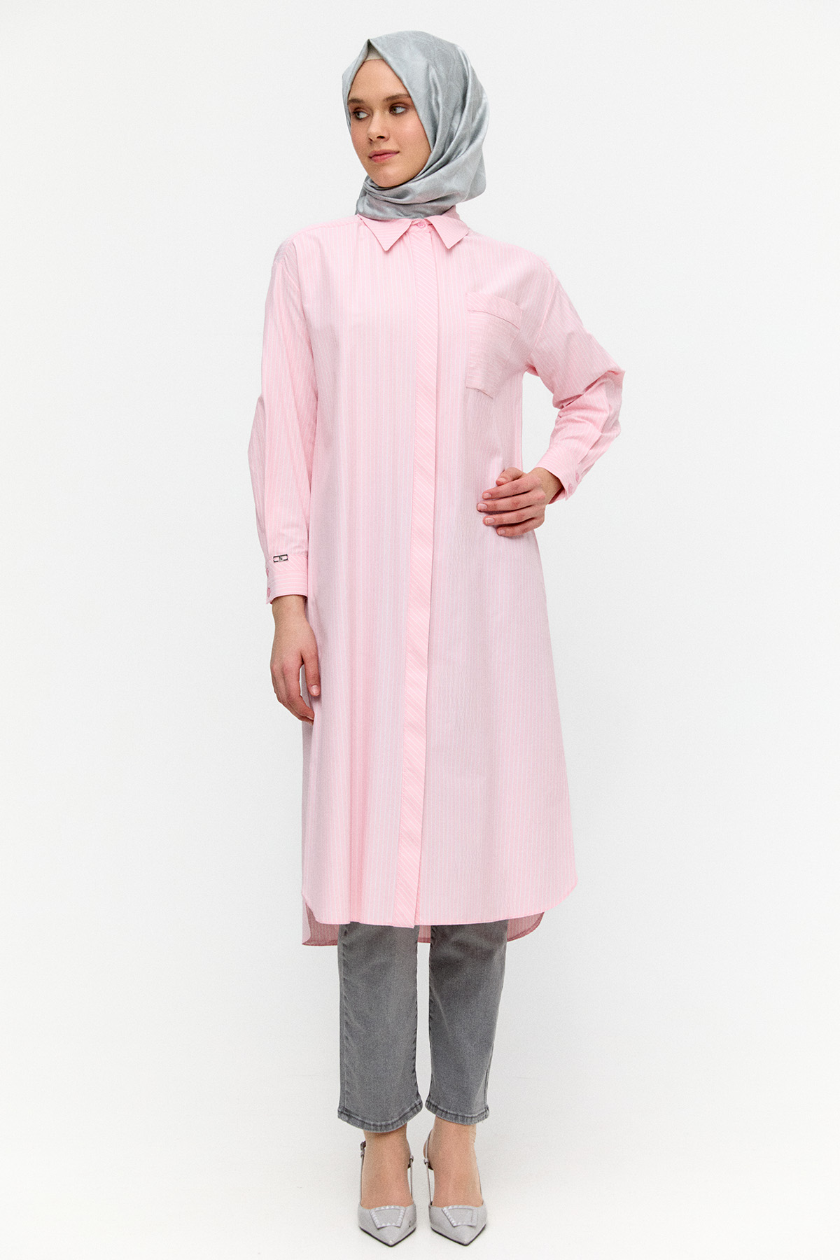 Sırtı Nakışlı Çizgili Pamuk Tunik, Tesettür Giyim
