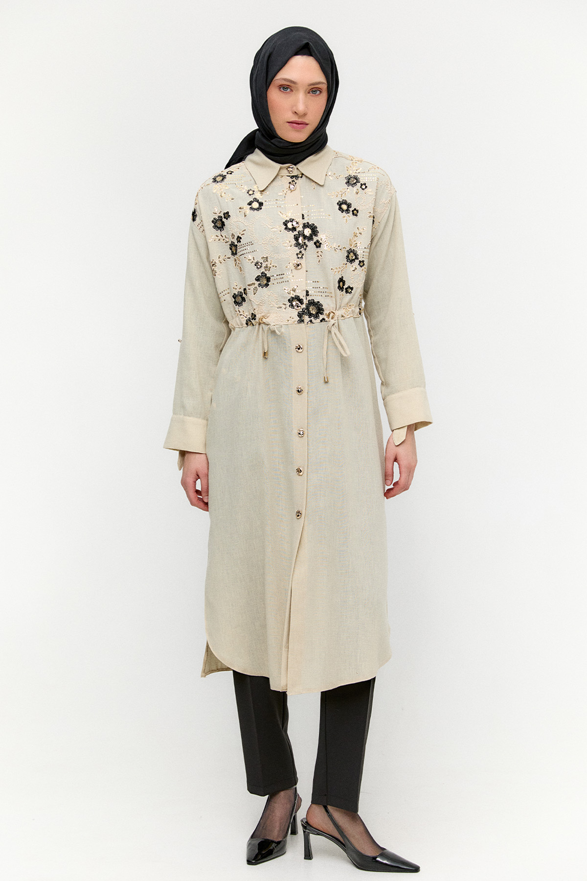 Keten Görünümlü Uzun Tunik, Tesettür Giyim