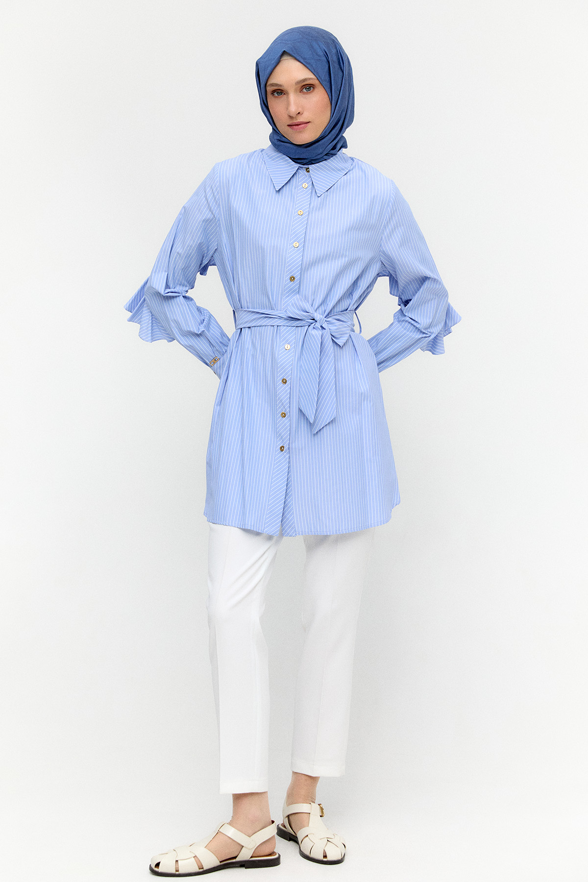Sırtta Volanlı Çizgili Tunik, Tesettür Giyim
