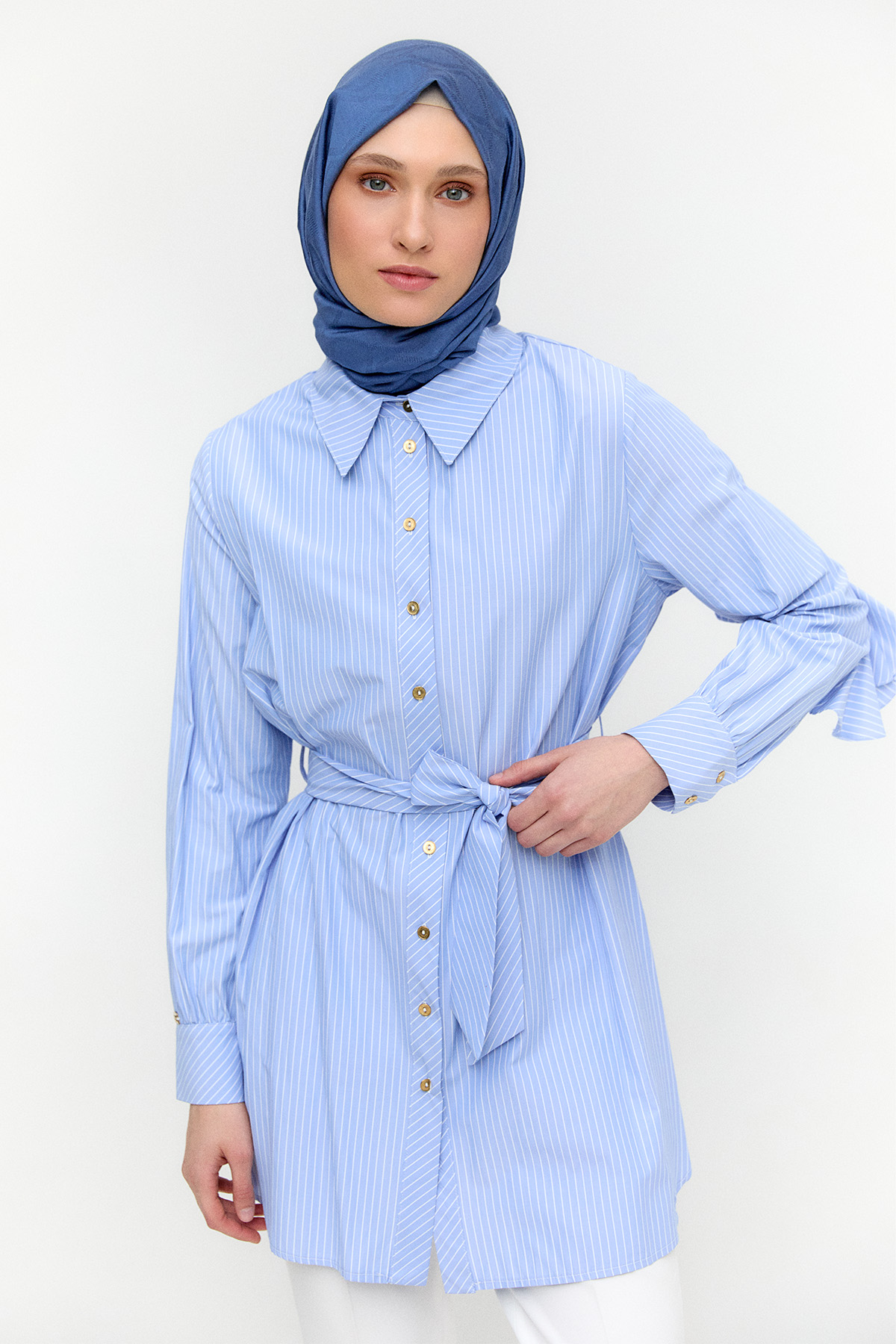 Sırtta Volanlı Çizgili Tunik, Tesettür Giyim