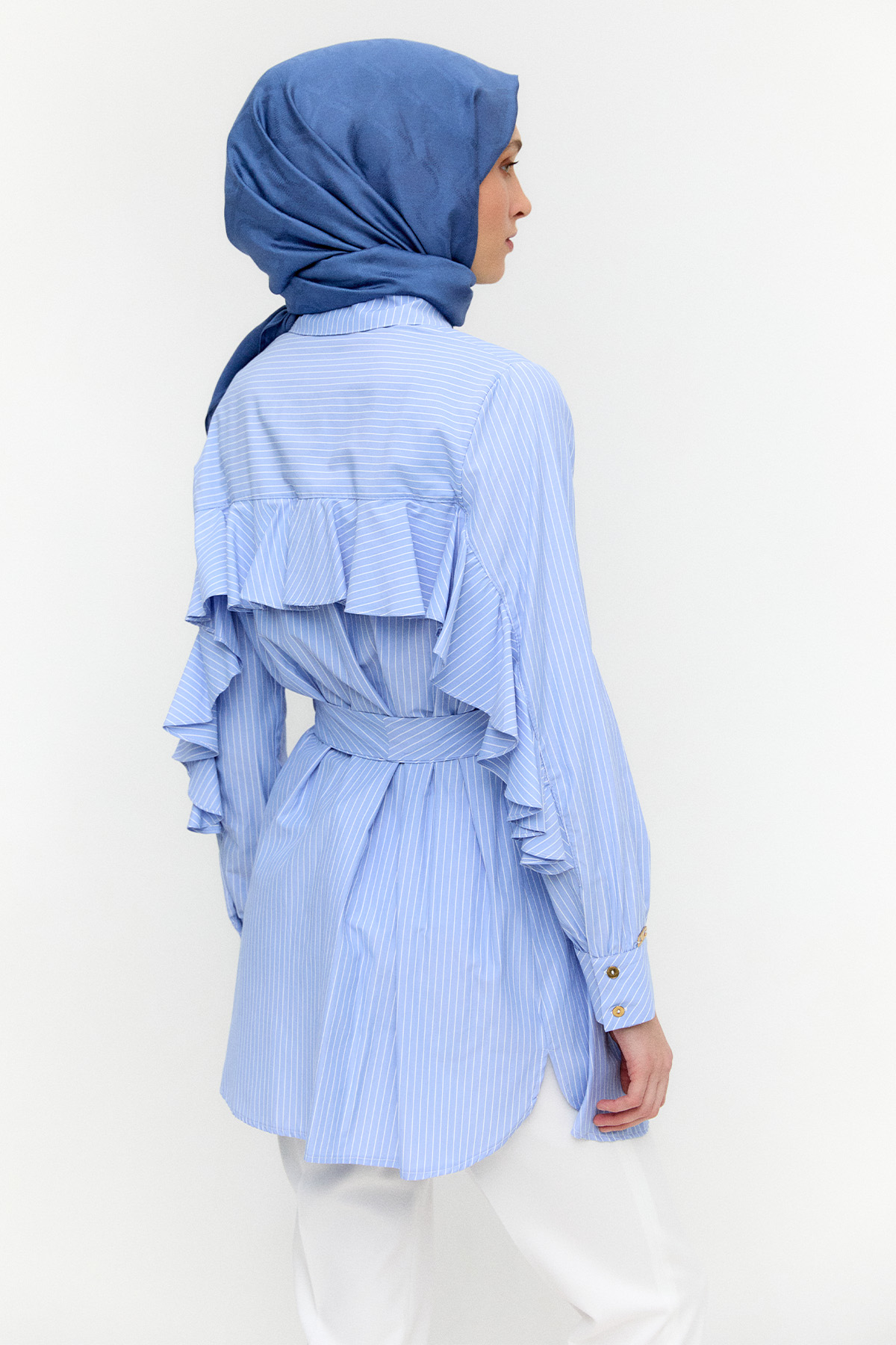 Sırtta Volanlı Çizgili Tunik, Tesettür Giyim