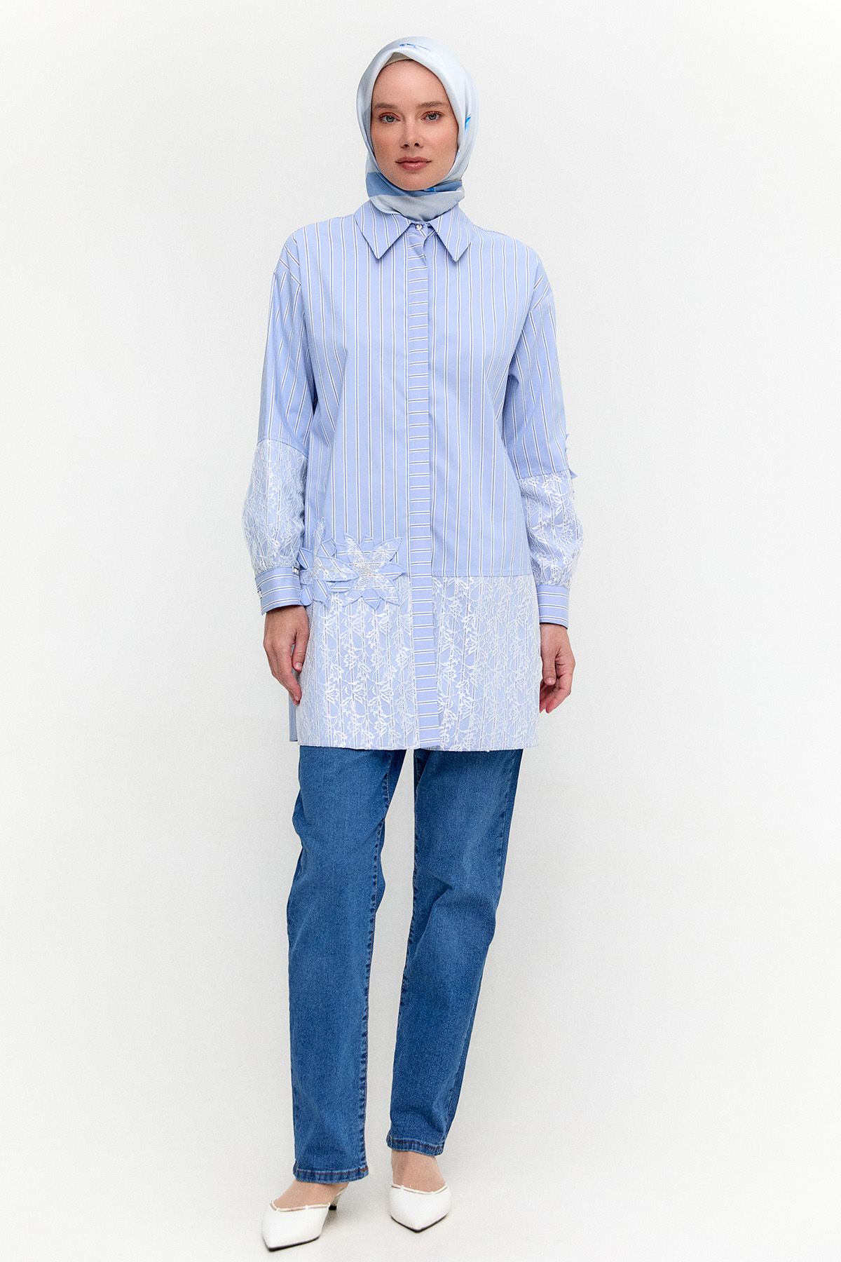 Çiçekli Çizgili Oversize Tunik, Tesettür Giyim