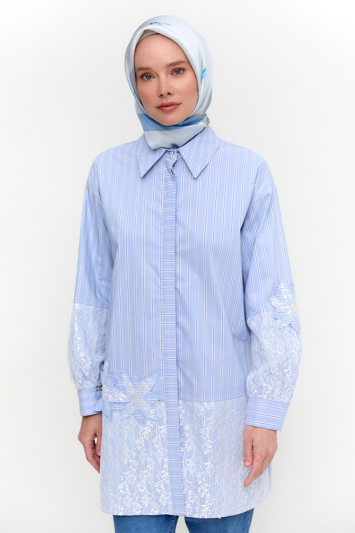 Çiçekli Çizgili Oversize Tunik, Tesettür Giyim