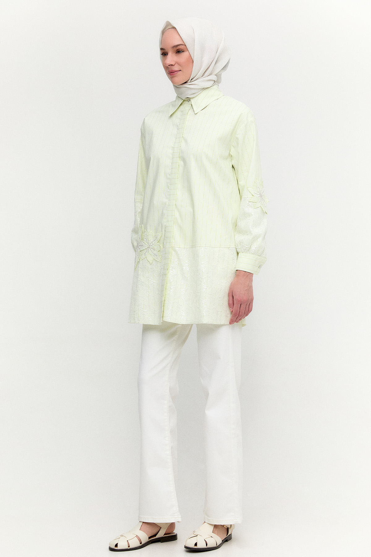 Çiçekli Çizgili Oversize Tunik, Tesettür Giyim