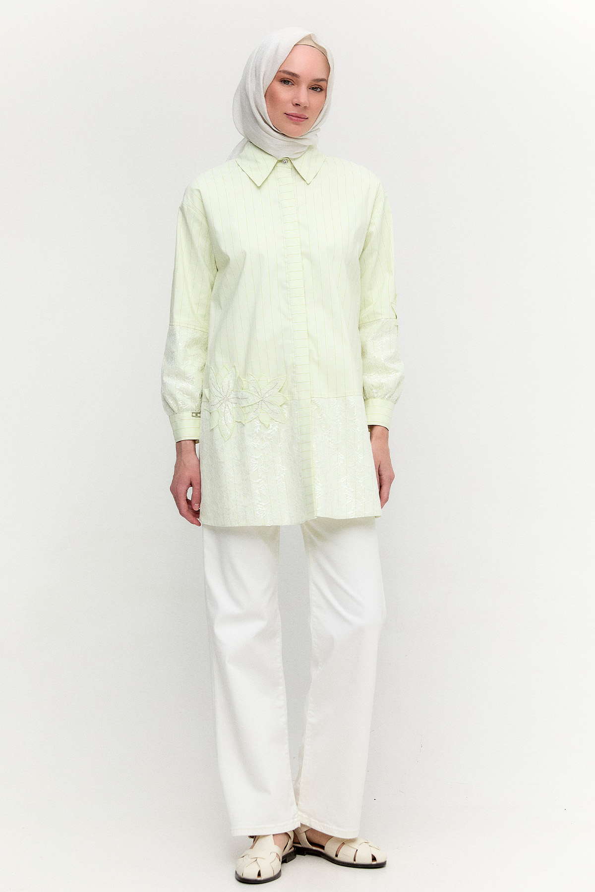 Çiçekli Çizgili Oversize Tunik, Tesettür Giyim