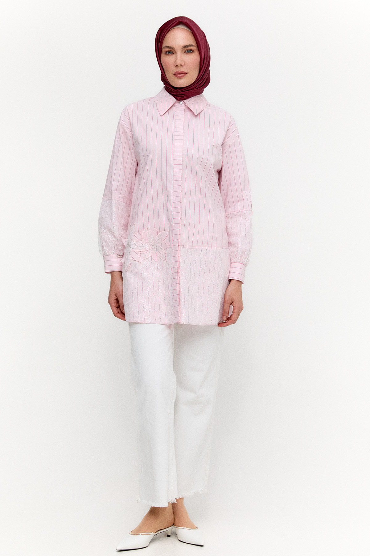 Çiçekli Çizgili Oversize Tunik, Tesettür Giyim