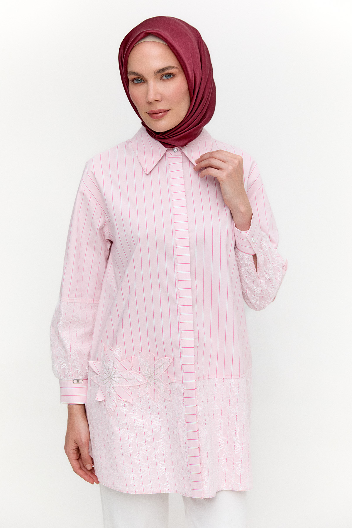Çiçekli Çizgili Oversize Tunik, Tesettür Giyim